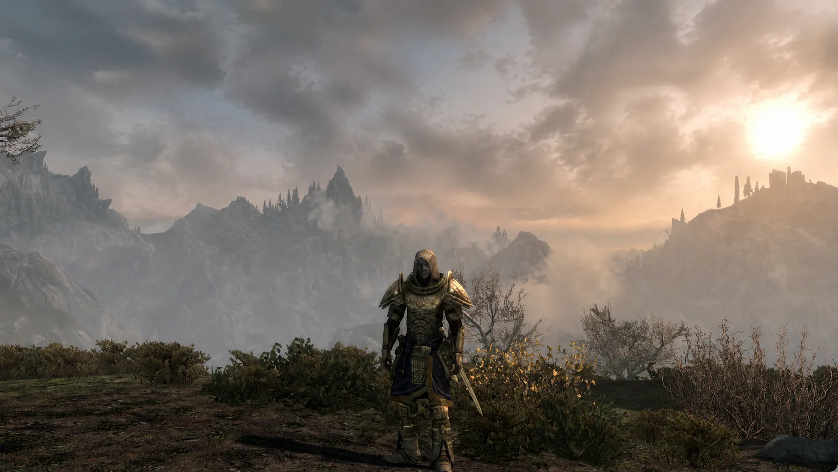 Dwemer machinery glowing within the atmospheric Reachwind ruins