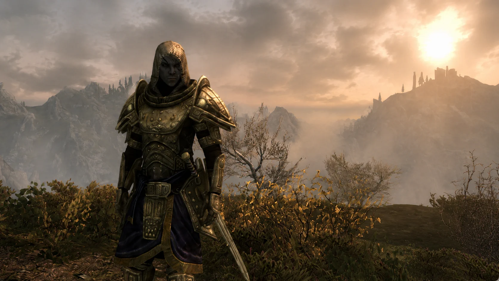 A Dunmer adventurer in Dwarven armor at sunset