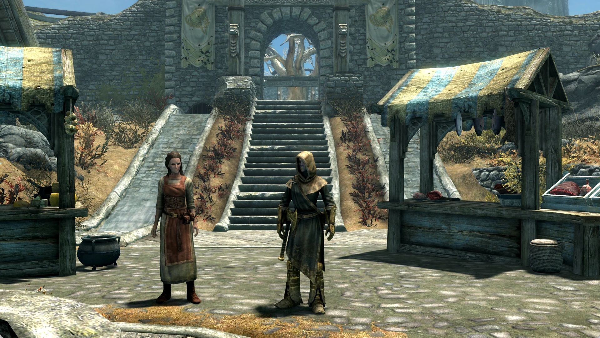The Dwemer Seeker meeting a Whiterun merchant beneath the city banners
