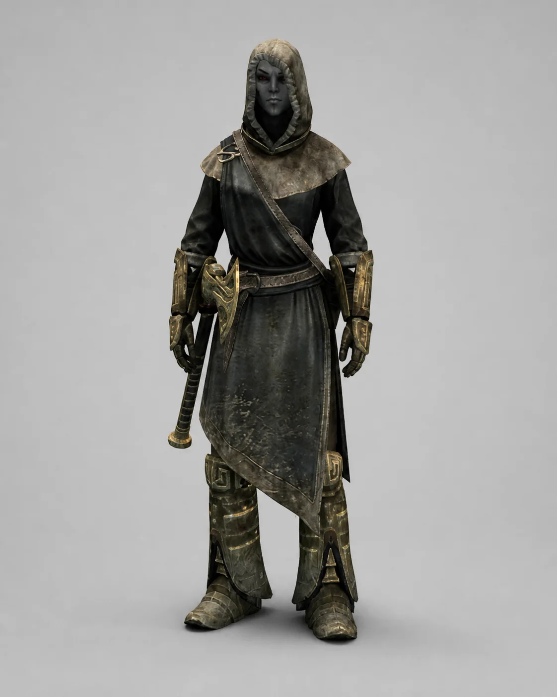 The Dwemer Seeker wearing practical dark robes, a mage hood, Dwarven bracers, boots, and a mace