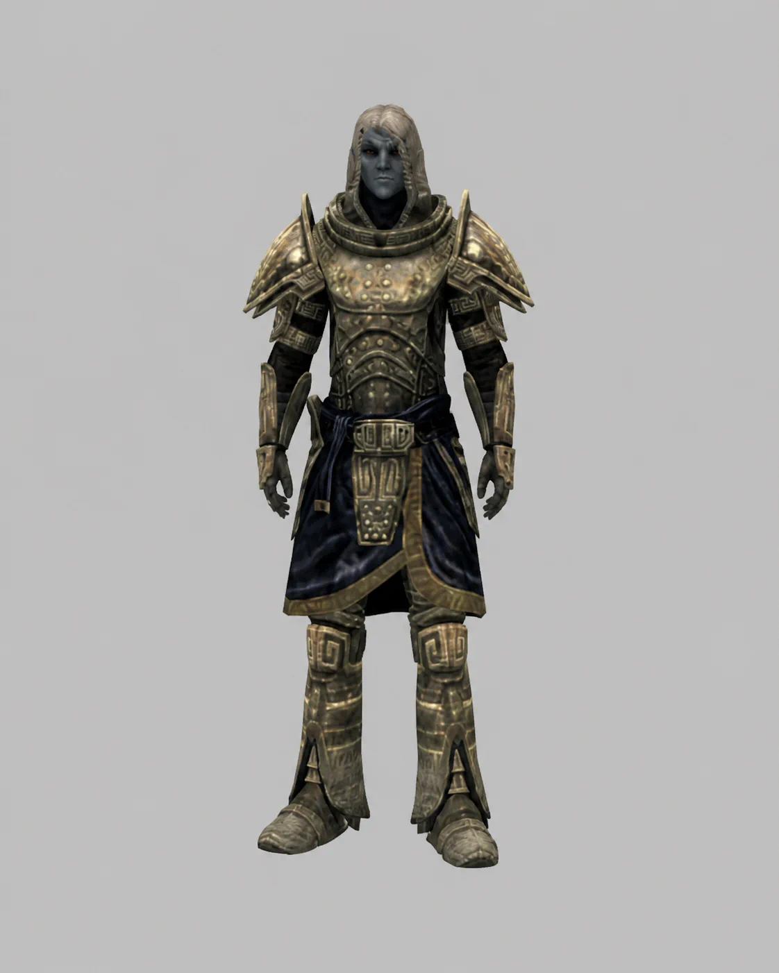 The Dwemer Seeker wearing a complete suit of ornate Dwarven armor