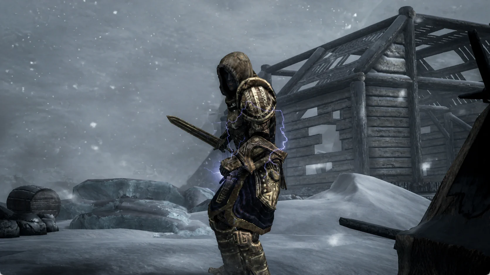The Dwemer Seeker drawing a blade amid snowbound ruins in a blizzard