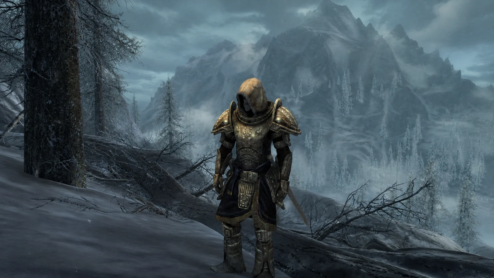 The Dwemer Seeker standing before a vast frozen mountain beneath a stormy sky