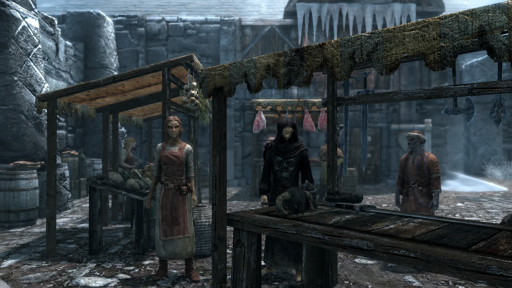 The early necromancer standing silently behind a Windhelm market stall