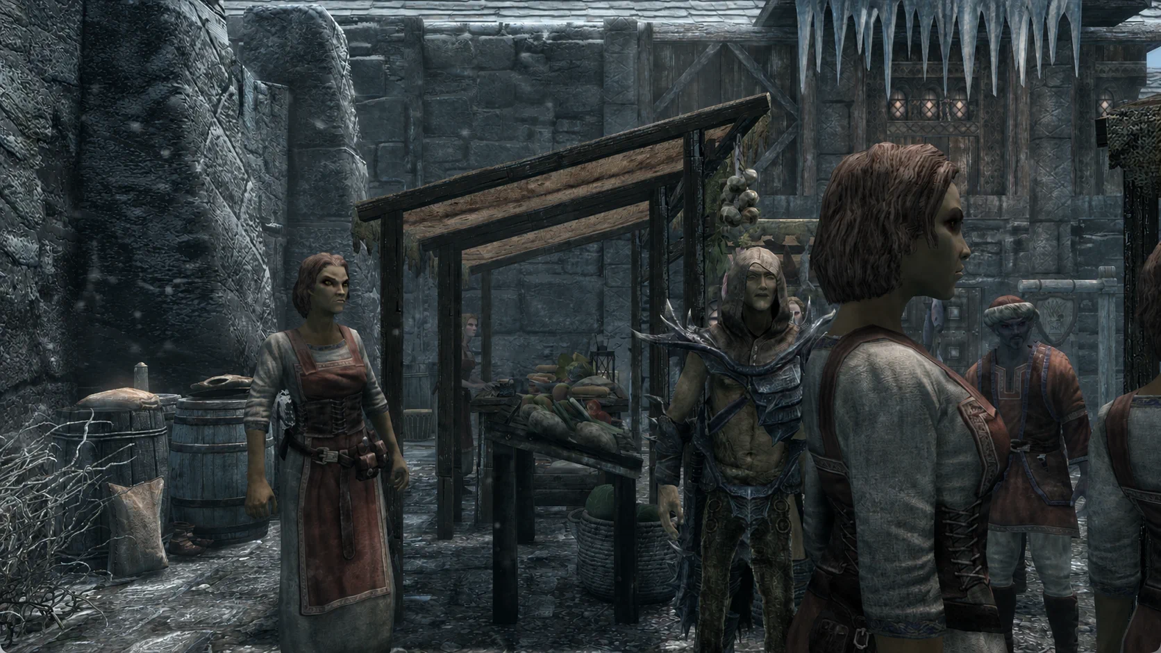 The necromancer moving through Windhelm market in unsettling Falmer armor