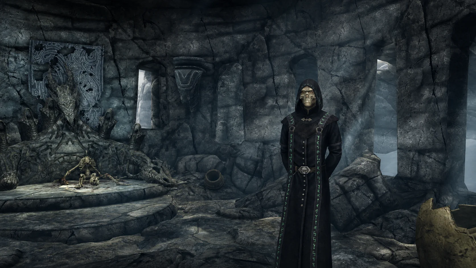 The masked ascendant necromancer standing before the bones and carved throne of Labyrinthian