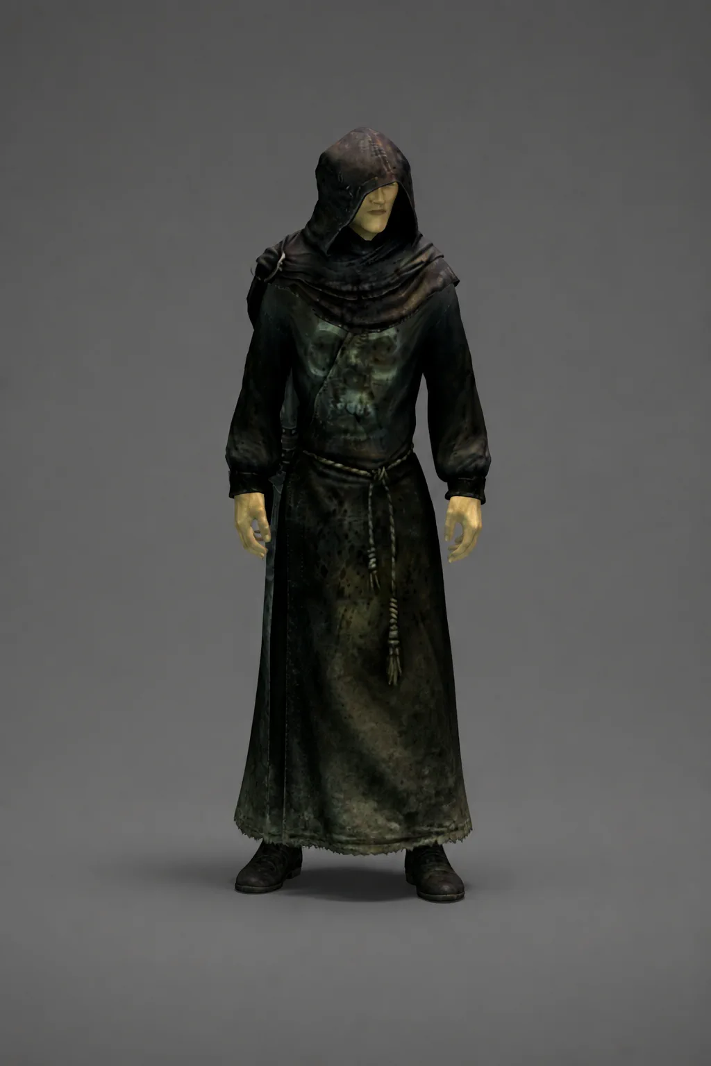 An Altmer necromancer wearing stained early-game robes and a simple dark hood
