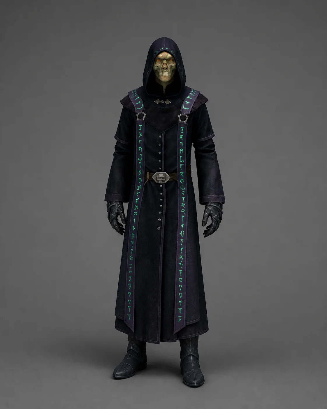 A masked Altmer necromancer wearing black runic robes with heavy gloves and boots
