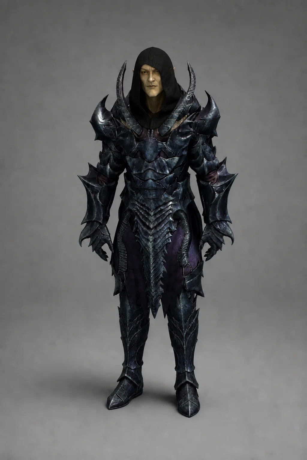 An Altmer necromancer wearing a black hood with a complete set of dark Falmer-style heavy armor