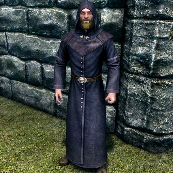A necromancer wearing the complete dark robe and hood outfit