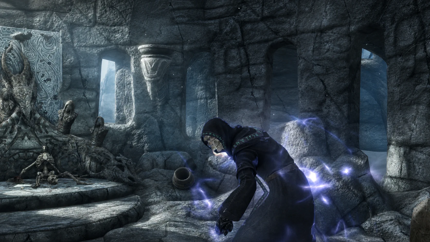 The masked necromancer bending violet magic around himself inside the frozen ruins of Labyrinthian