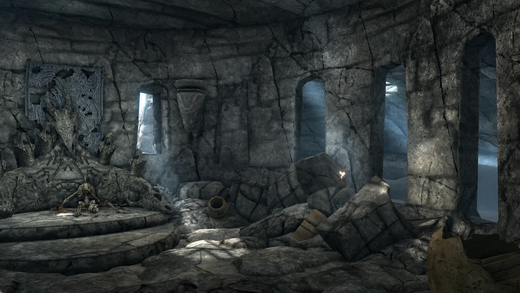 A ruined ritual chamber of carved stone, bones, and winter light inside Labyrinthian