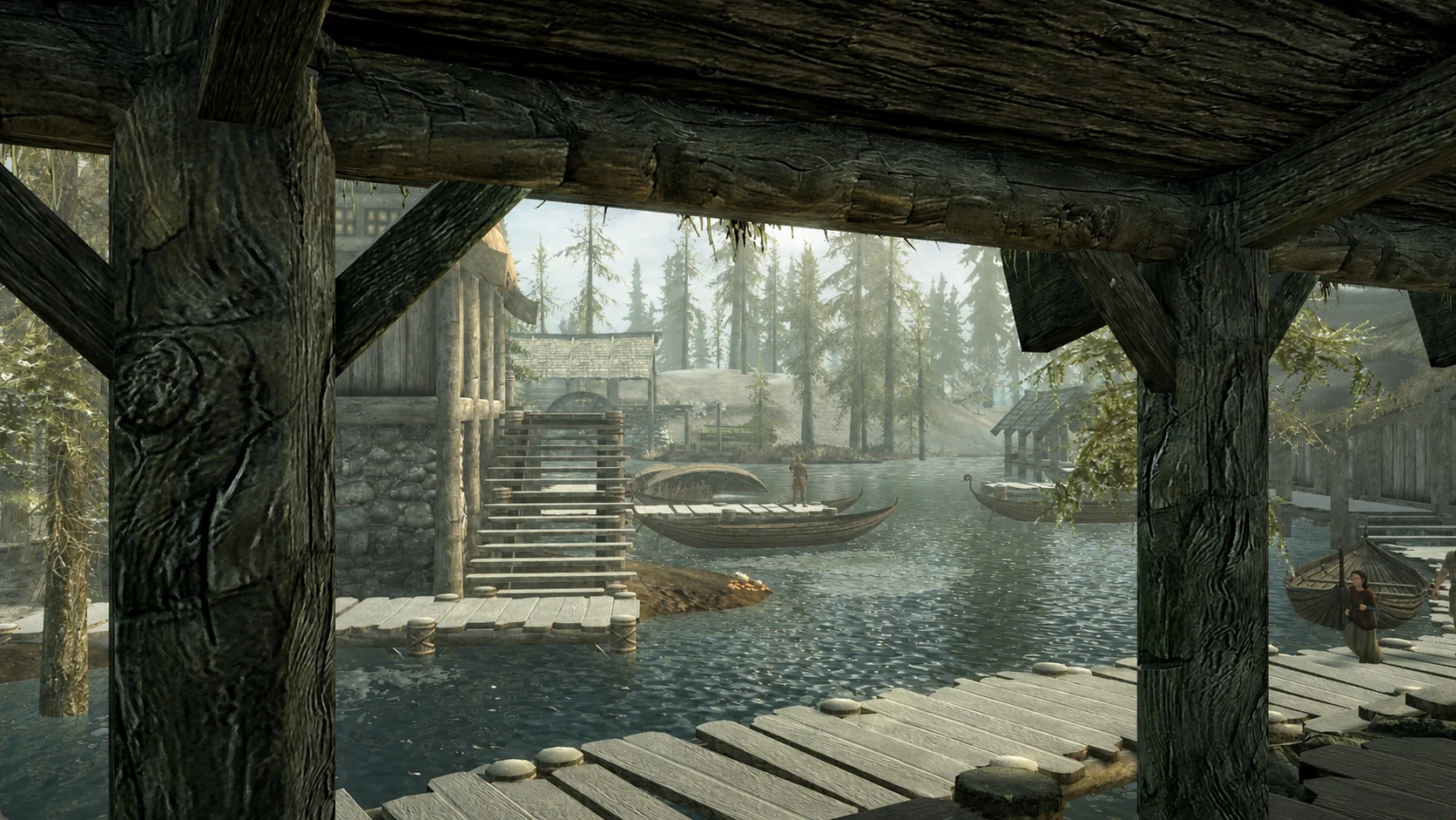 Morthal's timber walkways and dark water seen beneath a weathered wooden shelter