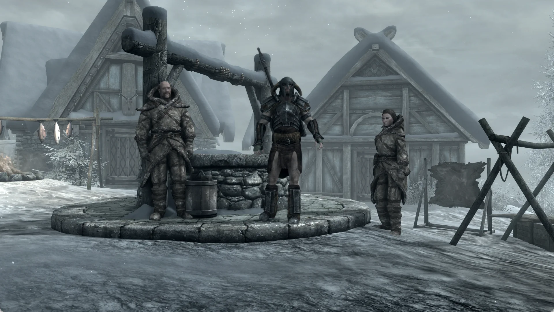 The Last Atmoran standing among hunters in a snow-covered northern village