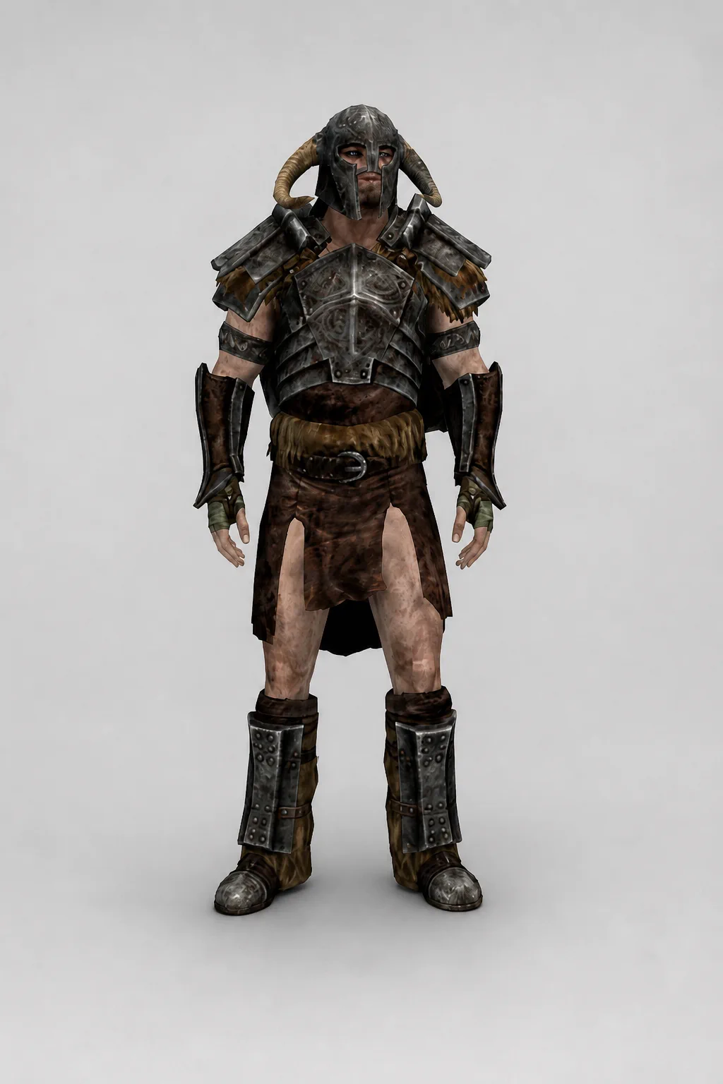 The Last Atmoran wearing a layered set of Banded Iron armor with a horned helmet