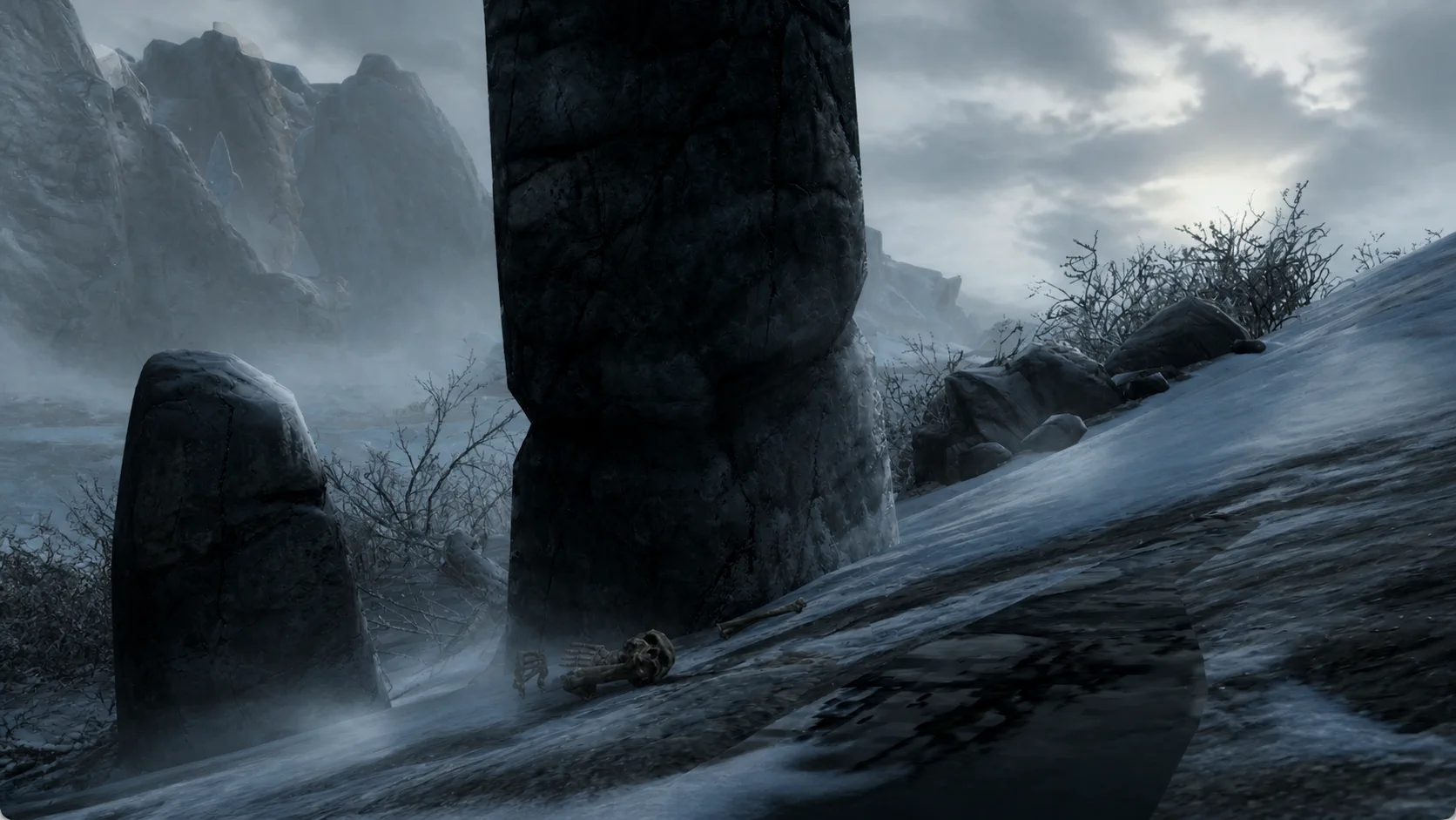 Bones and a fallen weapon lying among the standing stones of a snowbound burial ground