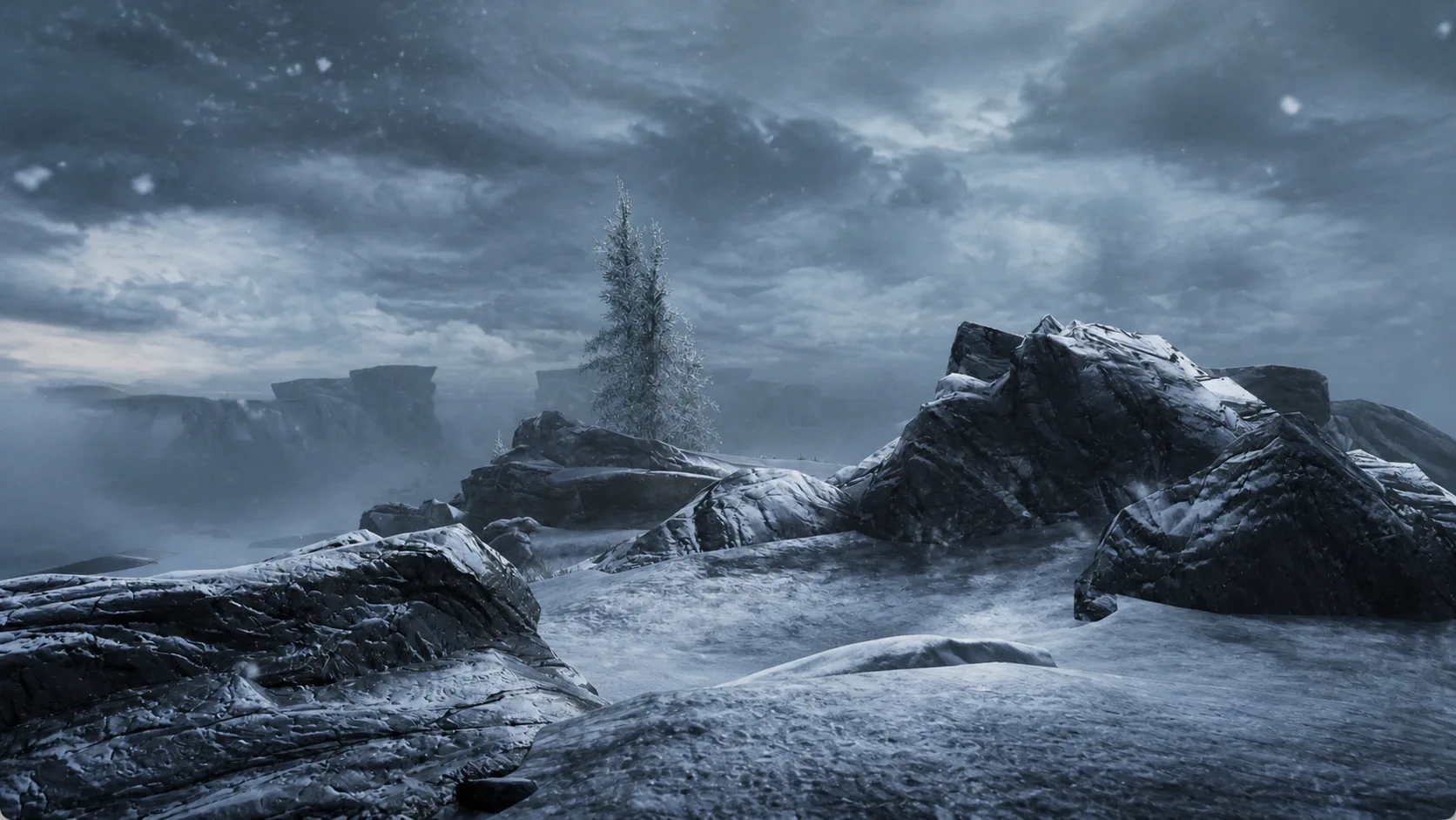 A solitary figure crossing a snowy ridge