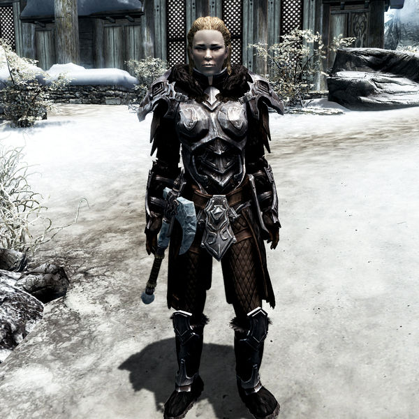 Frea of the Skaal carrying her weapons
