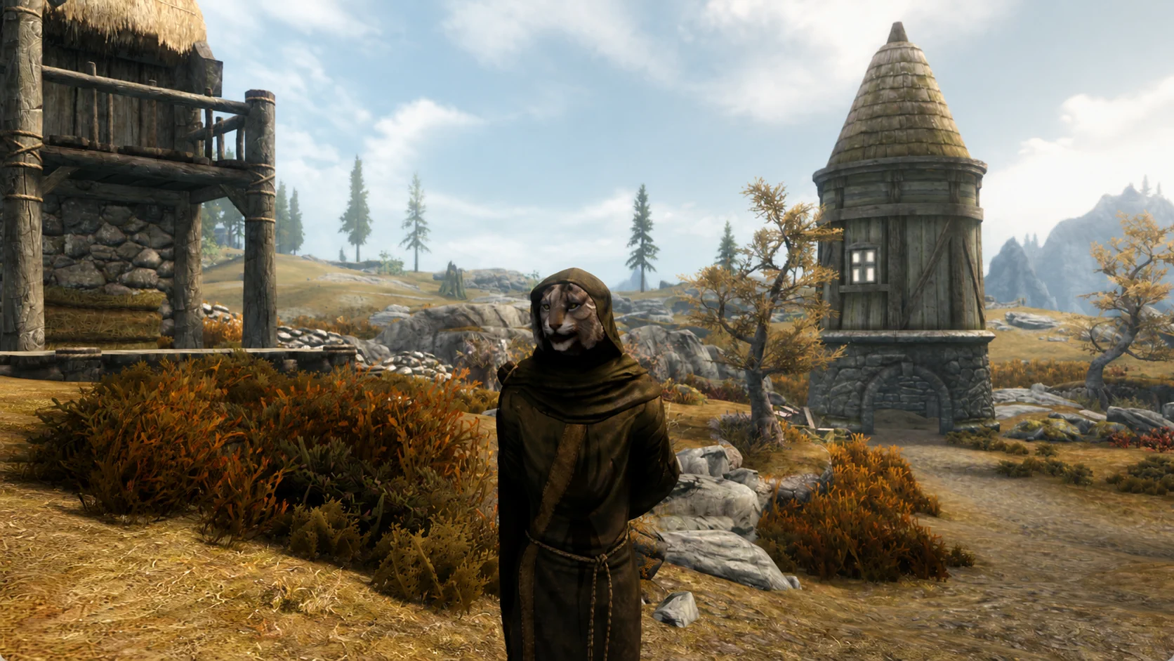 The hooded Khajiit pausing in green robes beside a timber tower on the Whiterun tundra