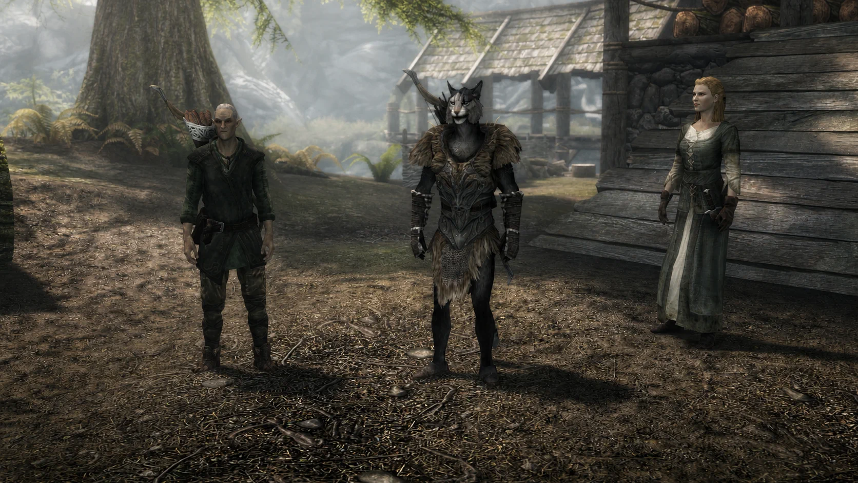 The hunter standing with Faendal and a Riverwood resident beside the timber houses