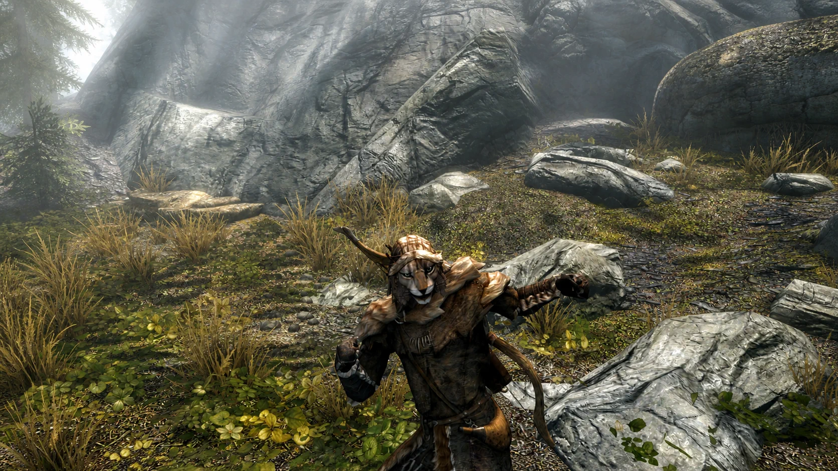 The hunter striking at close range among the rocks of the evergreen forest