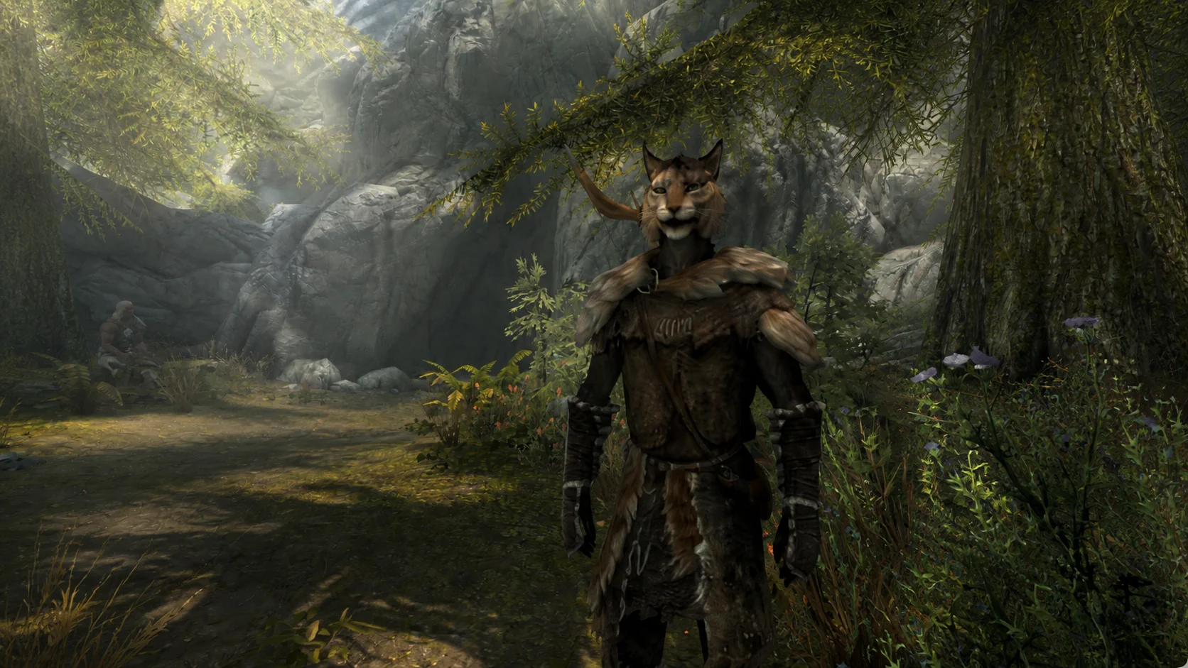 The wandering hunter standing among wildflowers beneath the trees of Moss Mother Cavern
