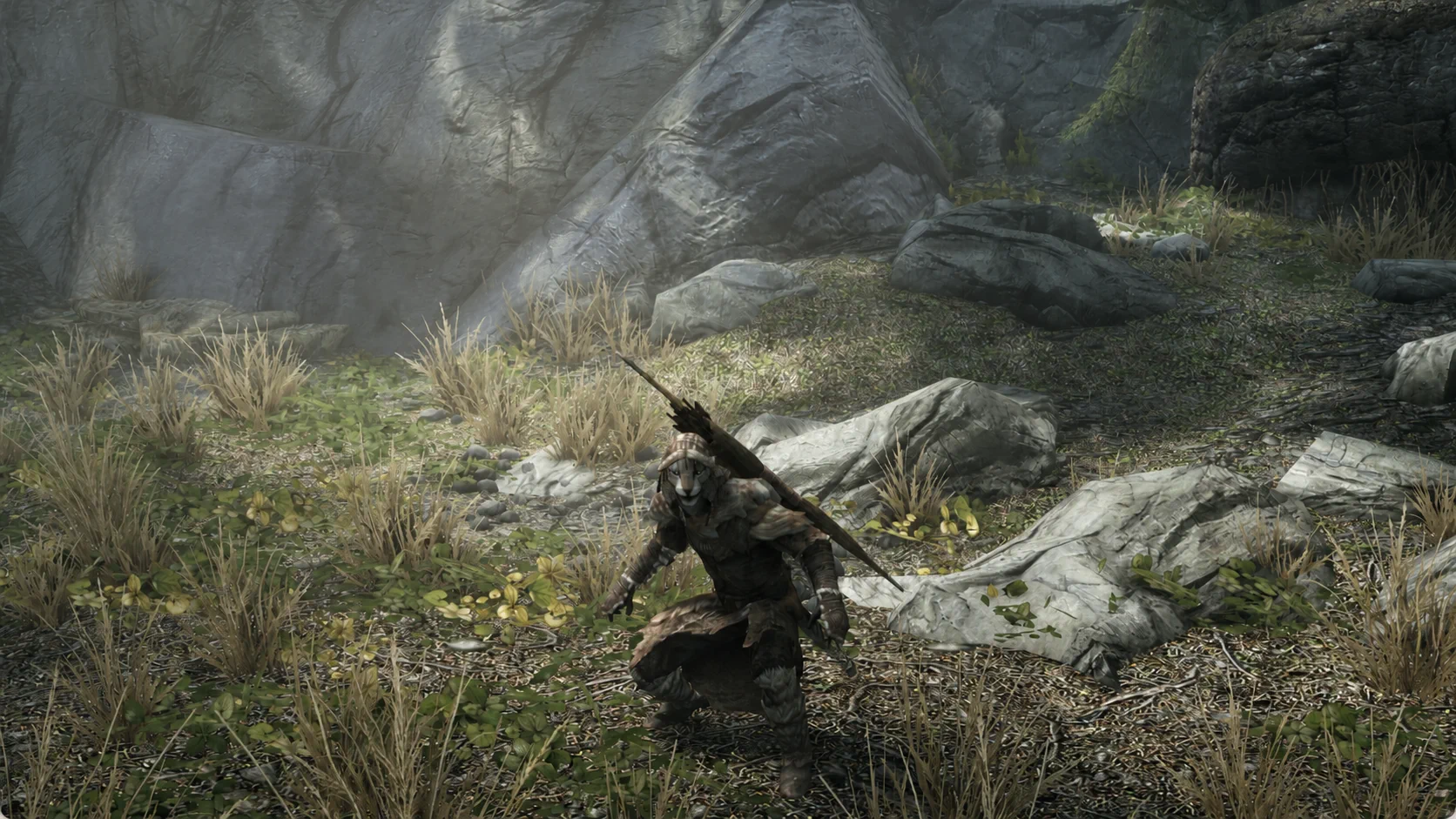 A Khajiit hunter moving through an evergreen forest