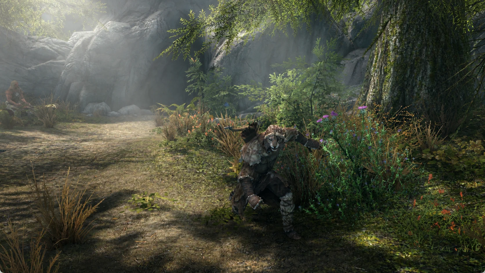 The hunter keeping low beside the flowering undergrowth of Moss Mother Cavern
