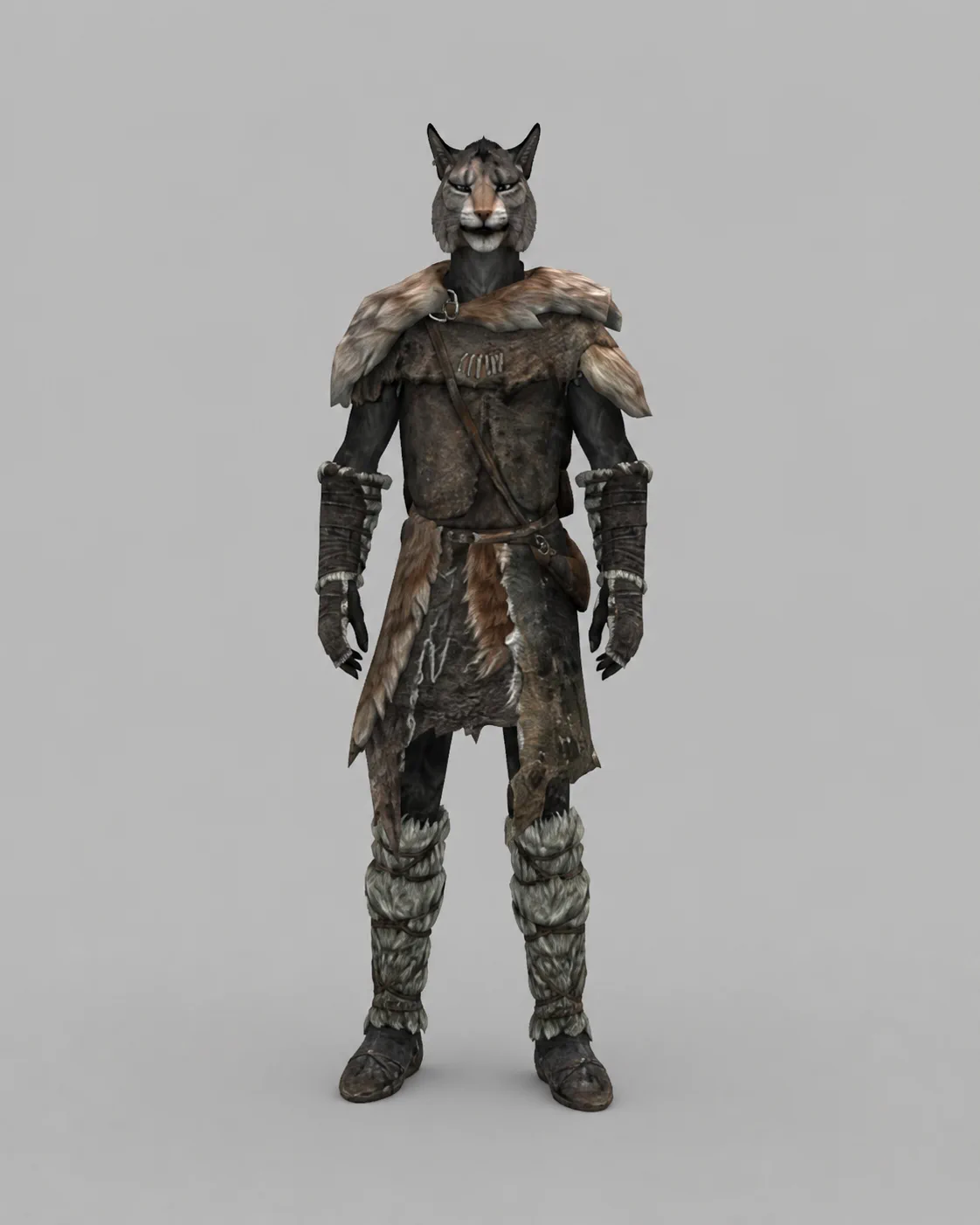 A Khajiit wanderer wearing a complete practical set of rough Fur Armor