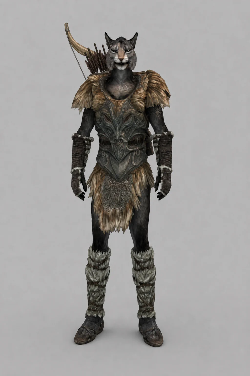 A Khajiit wanderer wearing Saviour's Hide with fur boots and bracers and carrying a hunting bow