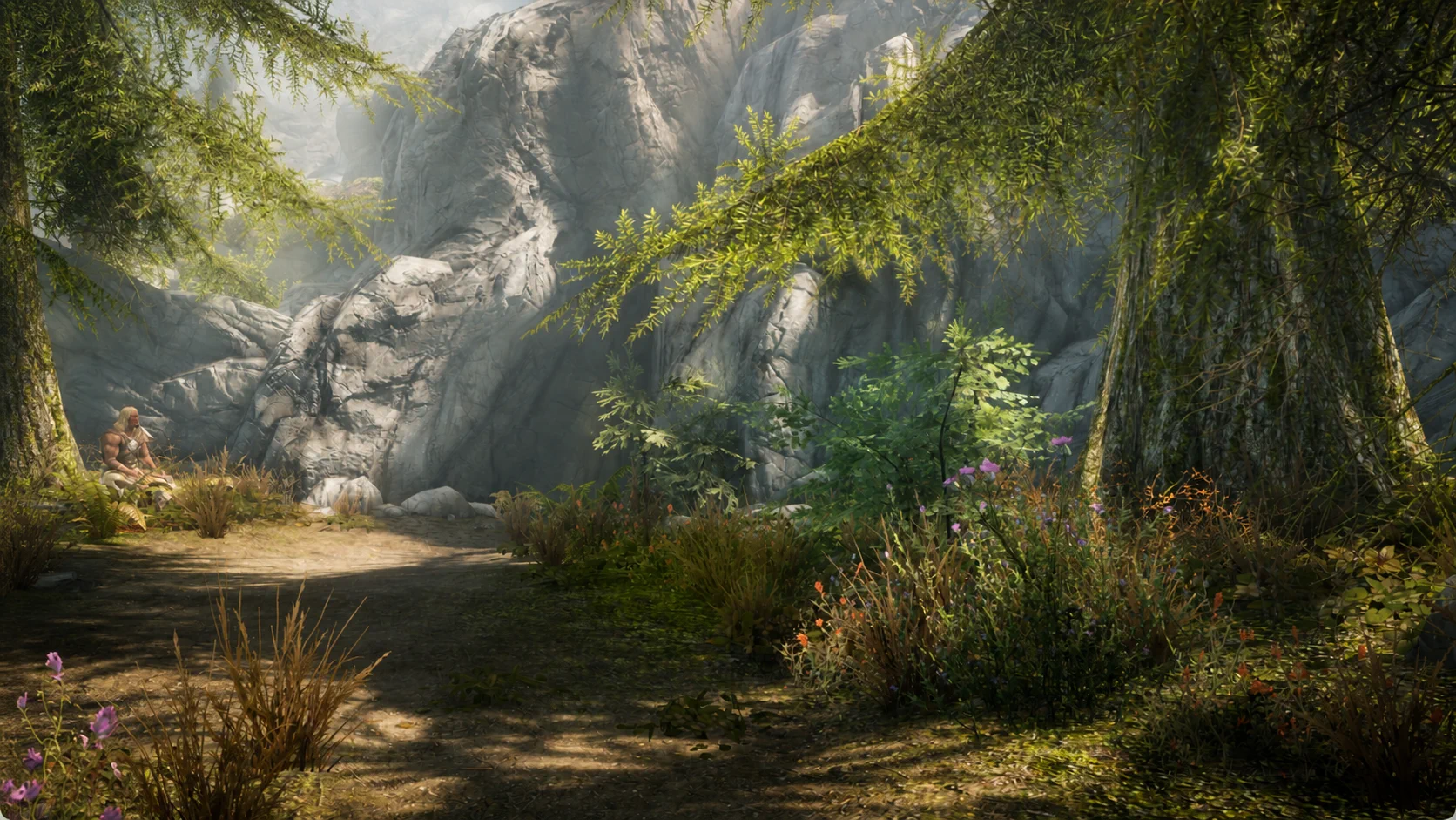 Sunlight falling across the secluded green floor of Moss Mother Cavern