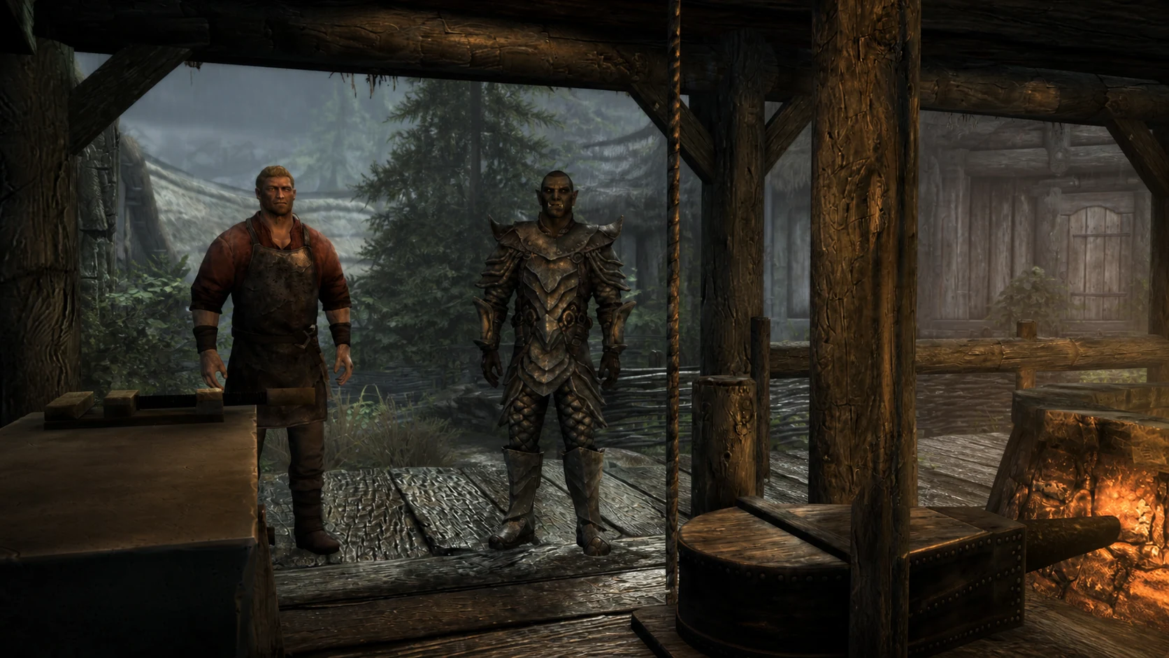 The Stronghold Smith standing beside Lod at the Falkreath forge