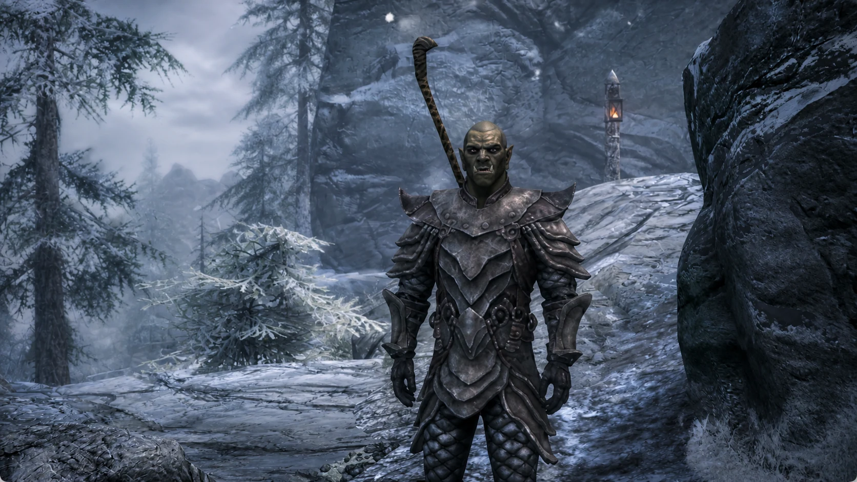 The Stronghold Smith wearing Orcish Armor on the snowy road near Gloombound Mine
