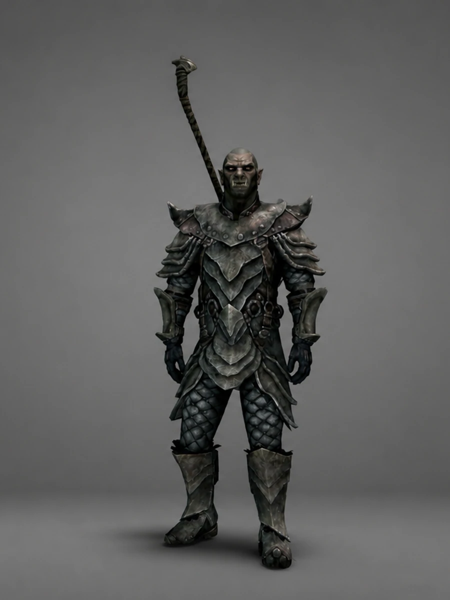 The Stronghold Smith in a complete suit of Orcish Armor against a neutral gray background