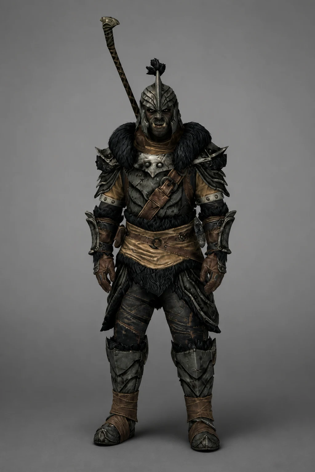 The Stronghold Smith in a complete suit of Orcish Plate Armor against a neutral gray background