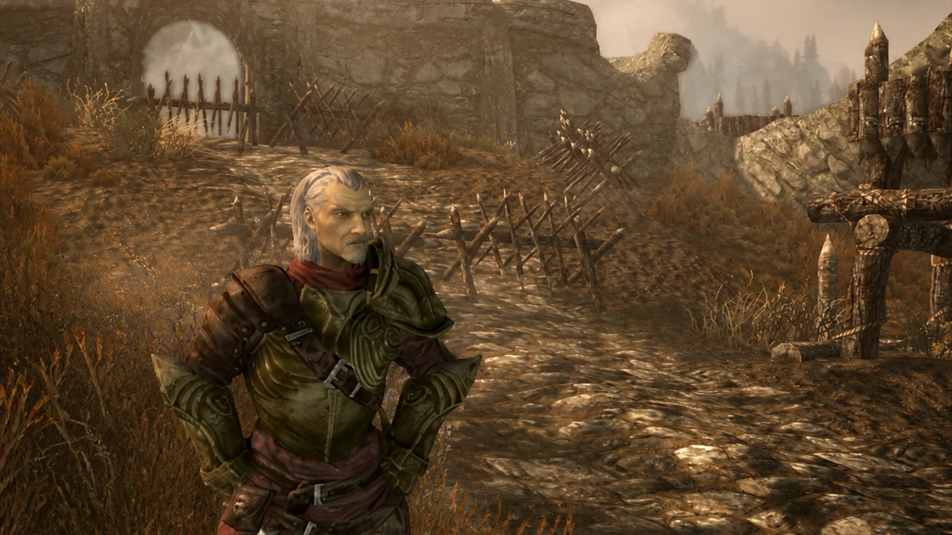 The armored Justiciar surveying Fort Greymoor with his hands held at his waist