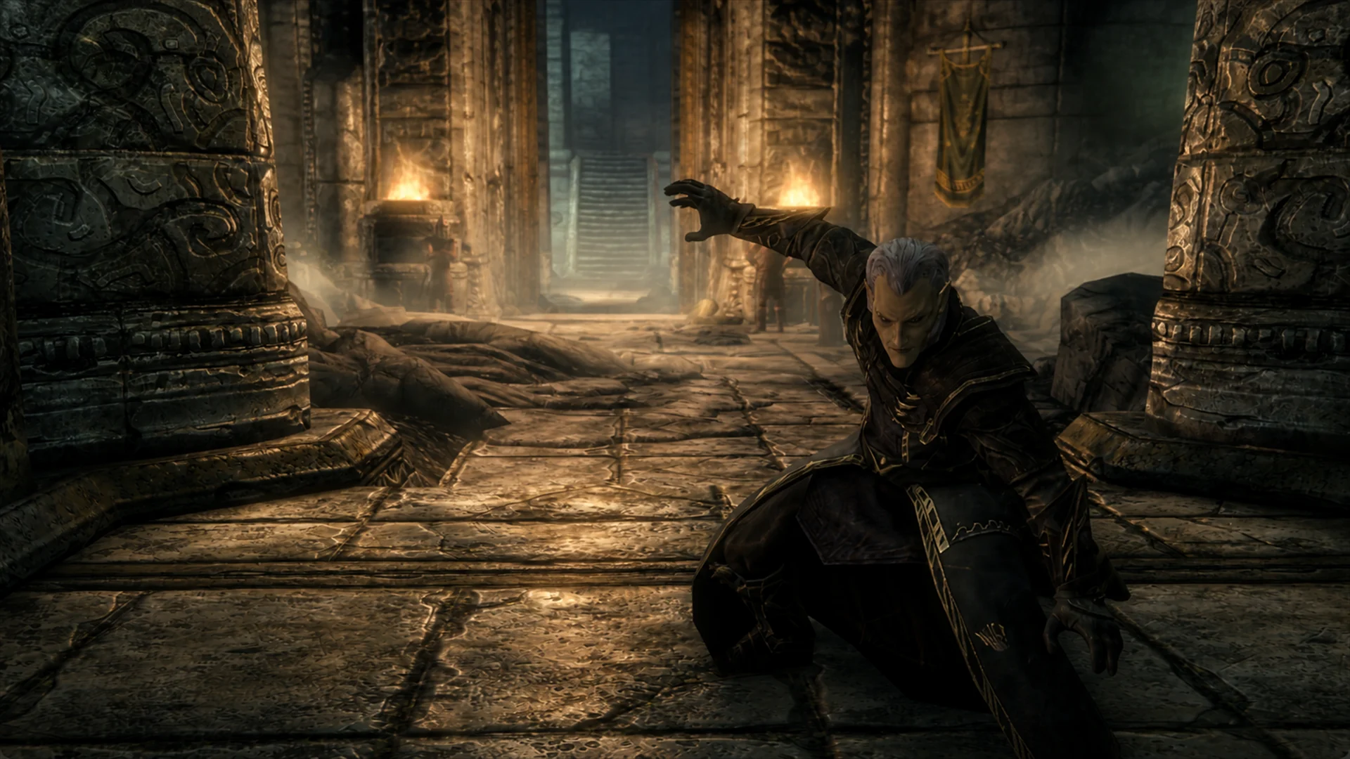 The robed Justiciar holding a severe one-knee casting pose in the firelit halls beneath Understone Keep