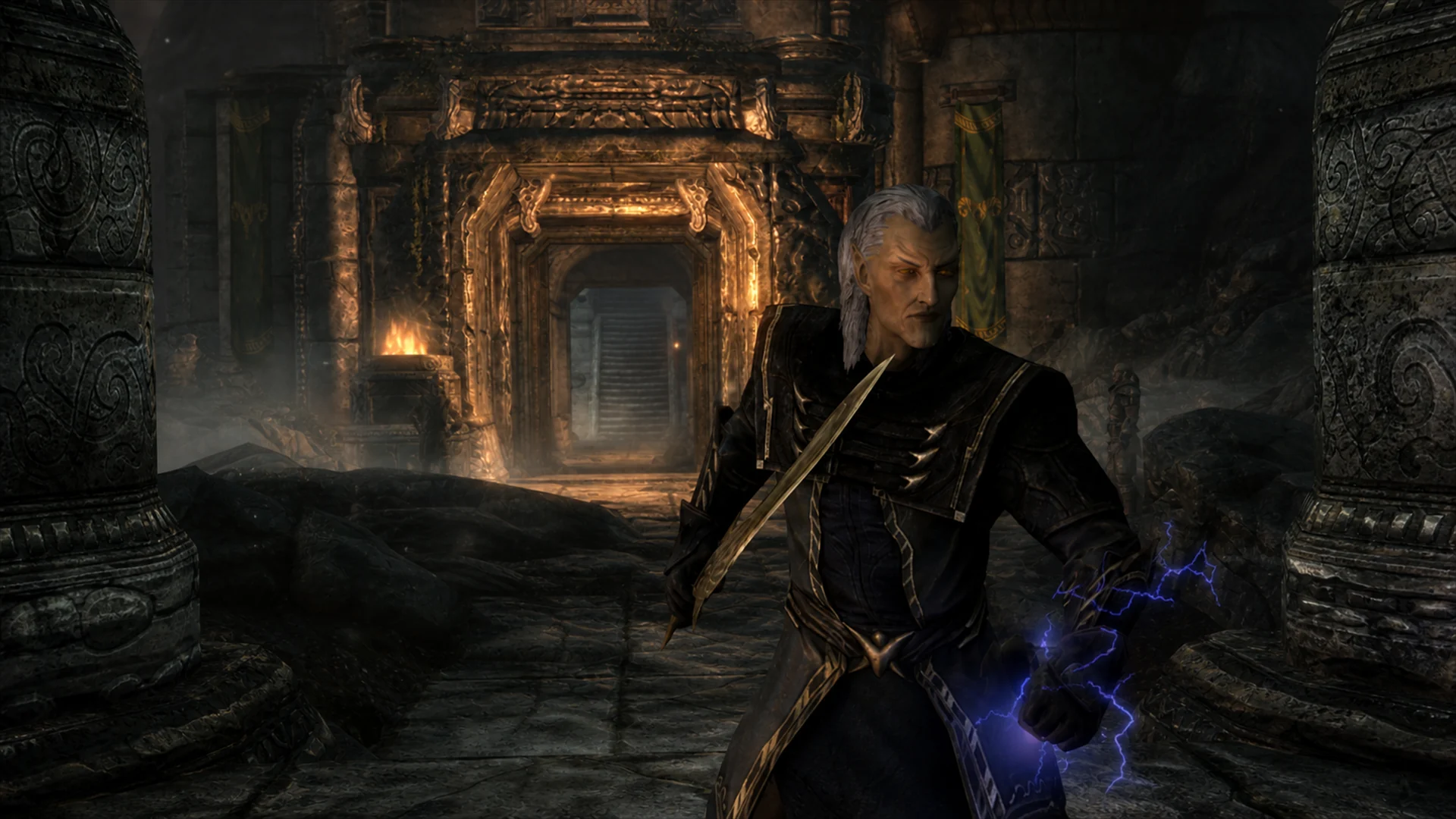 The Justiciar advancing through Understone Keep with an Elven sword drawn and lightning gathering in his free hand
