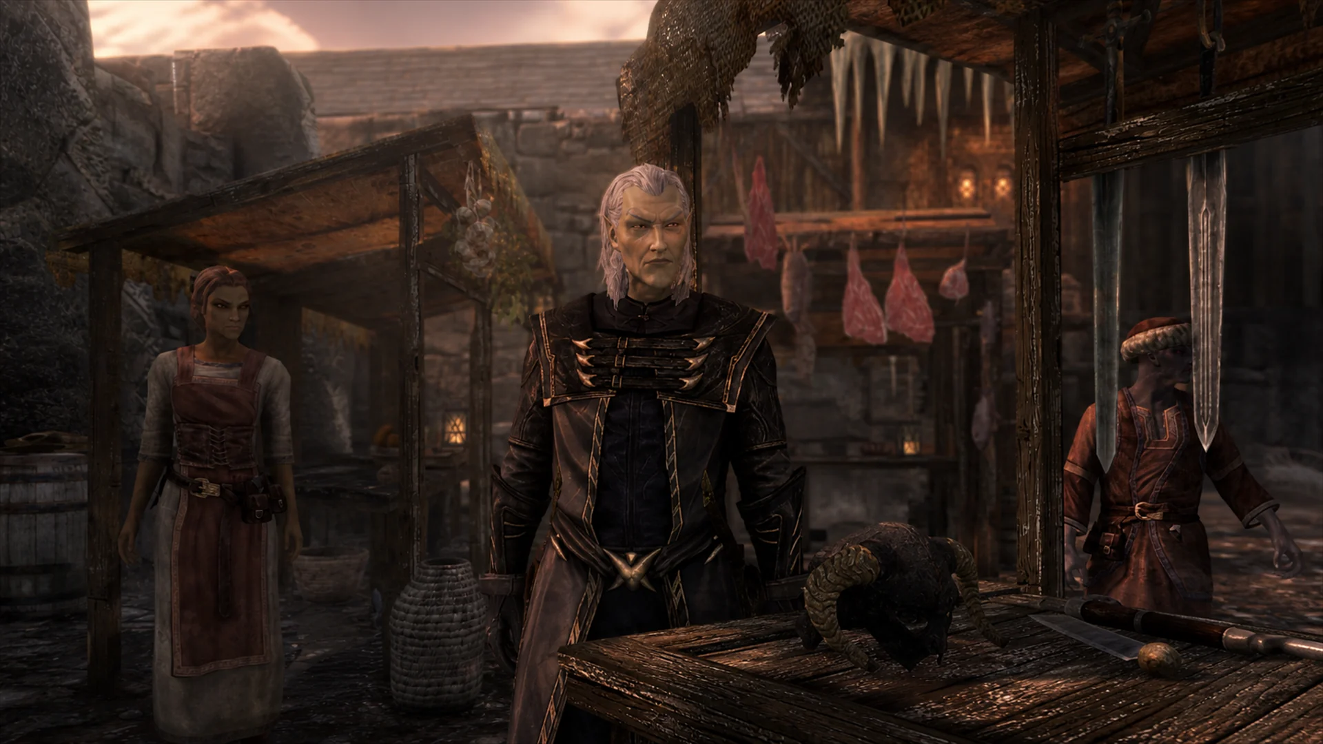 The robed Justiciar inspecting a Windhelm market stall while Nordic residents watch from either side