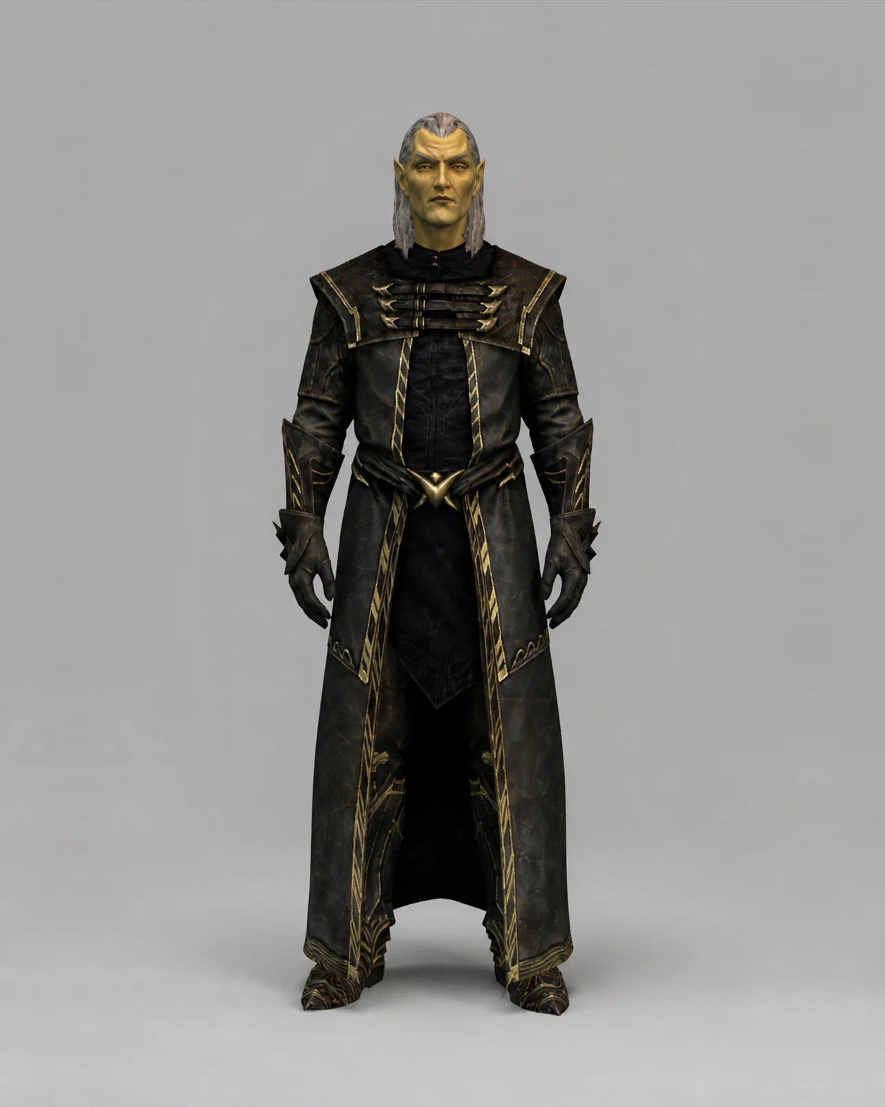 The Altmer Justiciar wearing complete unhooded Thalmor Robes against a neutral gray background