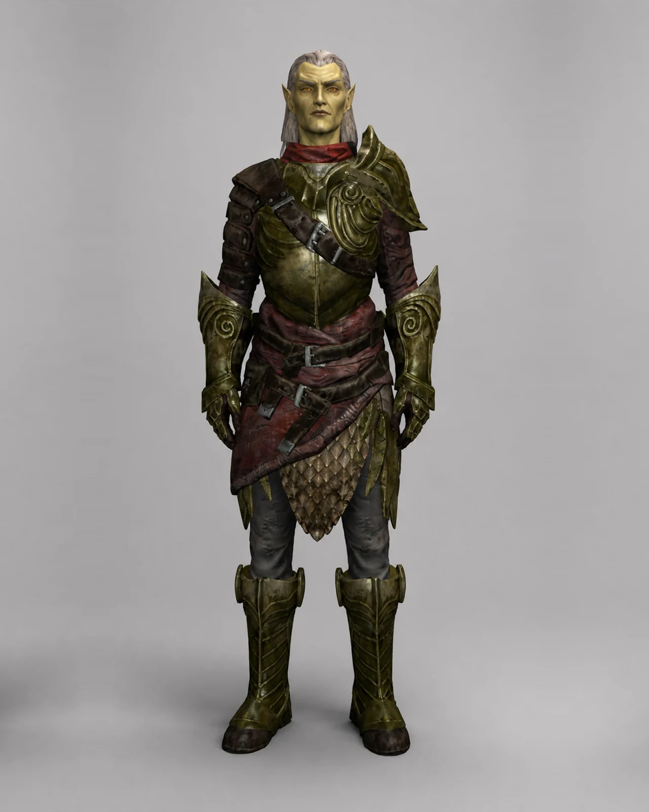The Altmer Justiciar wearing a complete set of Elven Hunter Armor against a neutral gray background