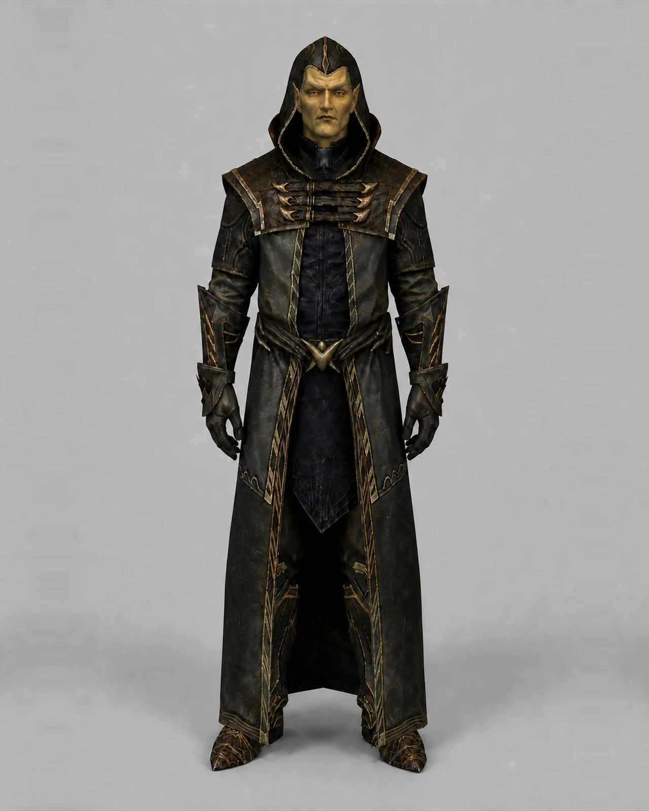 The Altmer Justiciar wearing complete Hooded Thalmor Robes against a neutral gray background