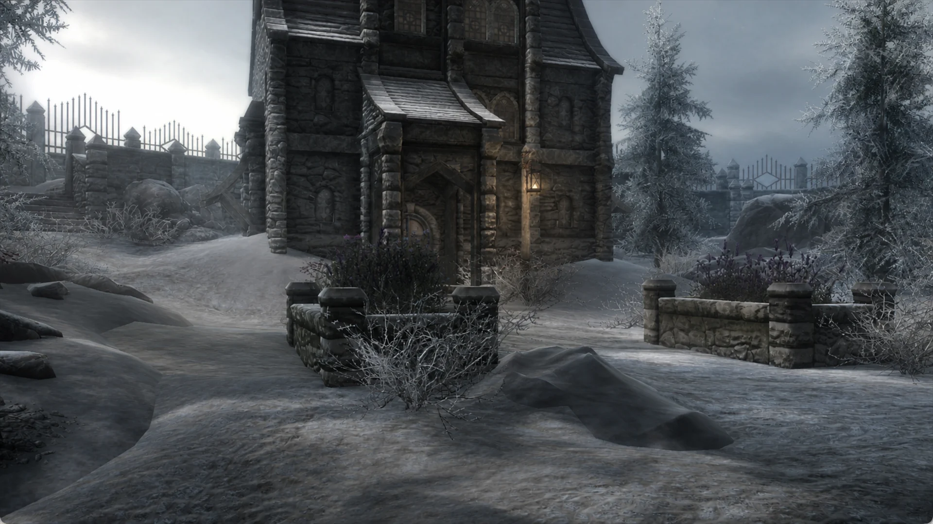 The snow-covered approach and walled grounds of the Thalmor Embassy