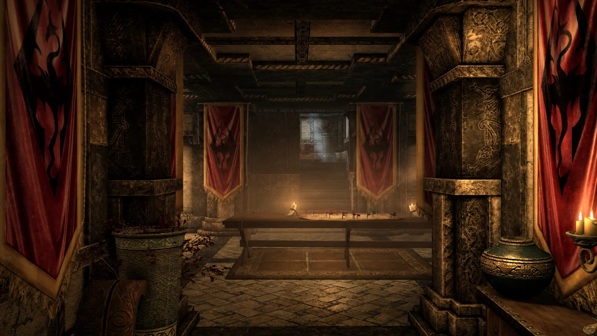 A candlelit Imperial command room arranged around a campaign map and Legion banners