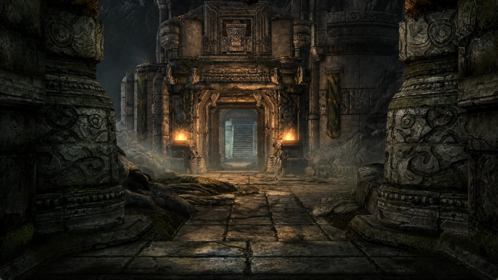 The carved stone halls of Understone Keep illuminated by braziers and green banners