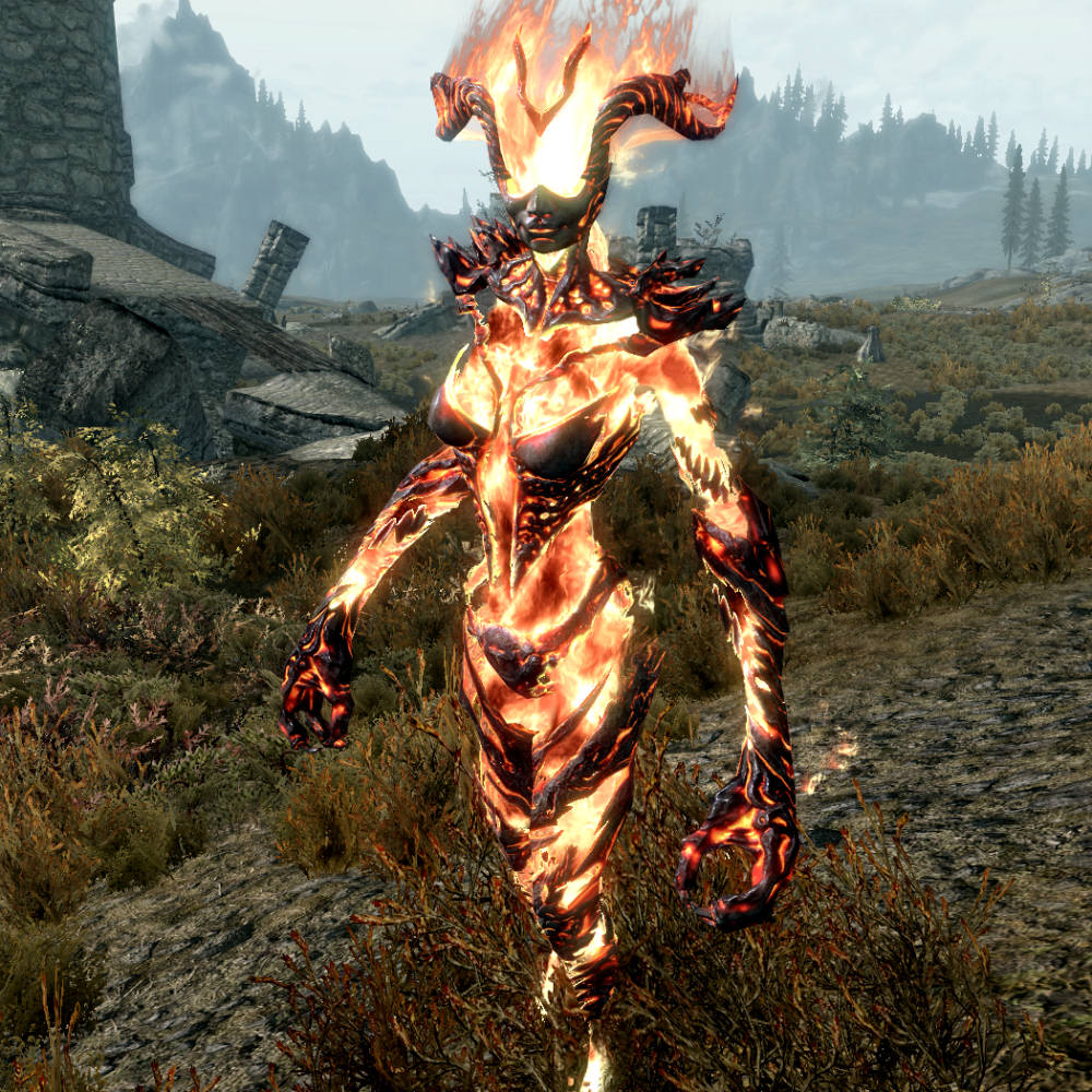 A Flame Atronach wreathed in fire