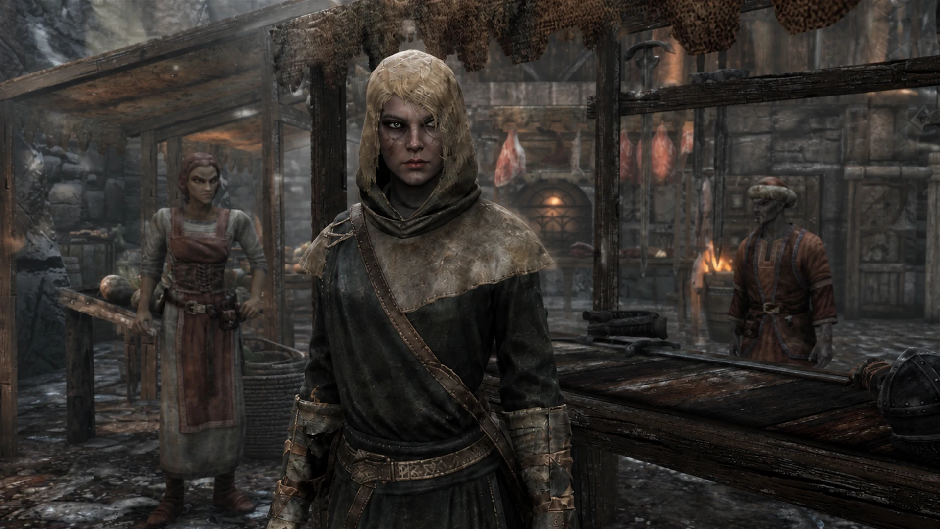 A novice Breton Vigilant standing among traders and hanging game in the Windhelm market