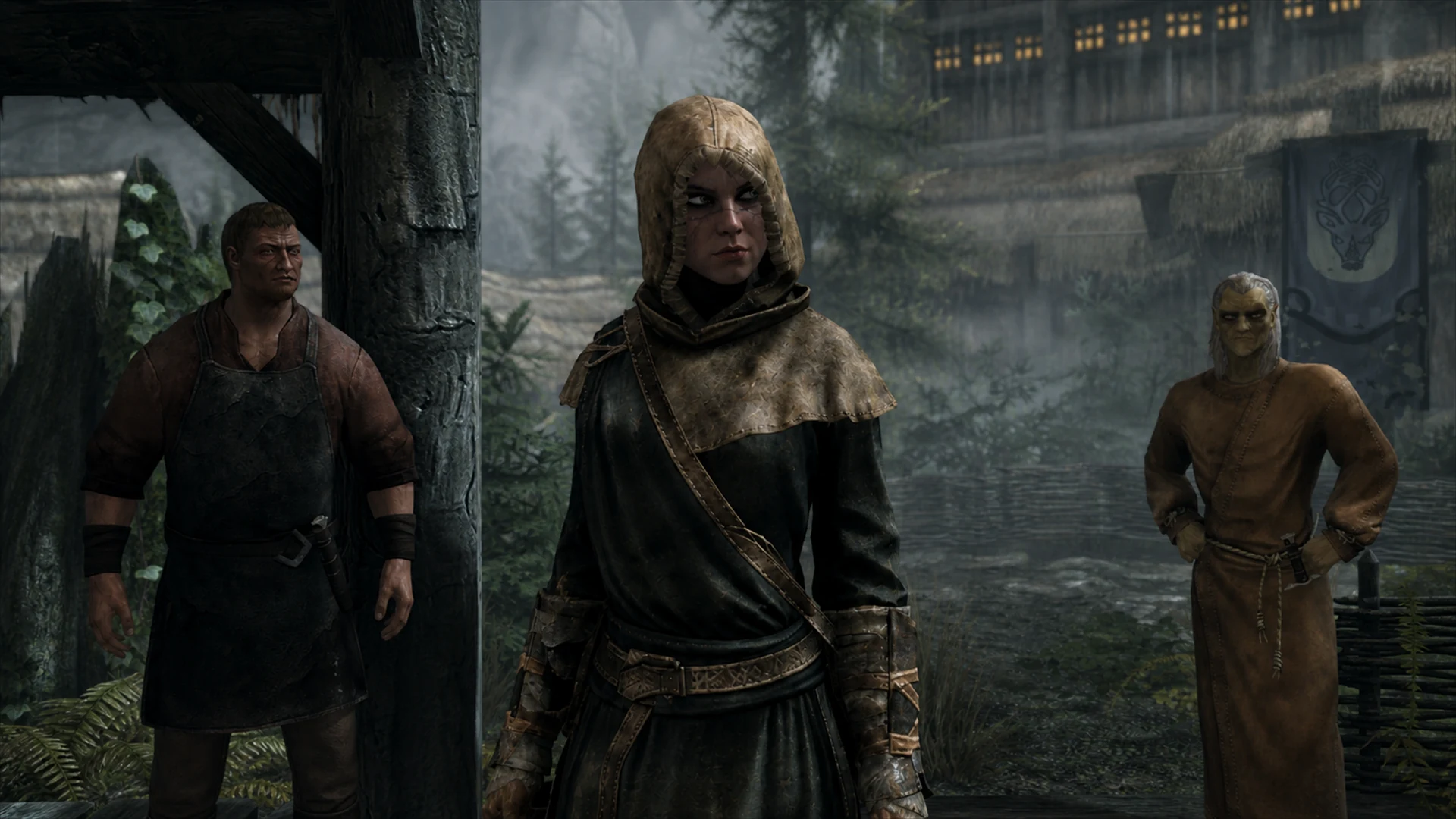 A novice Breton Vigilant standing with townspeople beneath the Falkreath hold banner