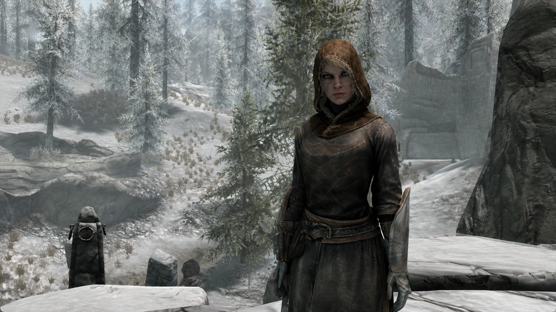 A master-robed Breton Vigilant keeping watch among the snowy stones and trees of Kilkreath