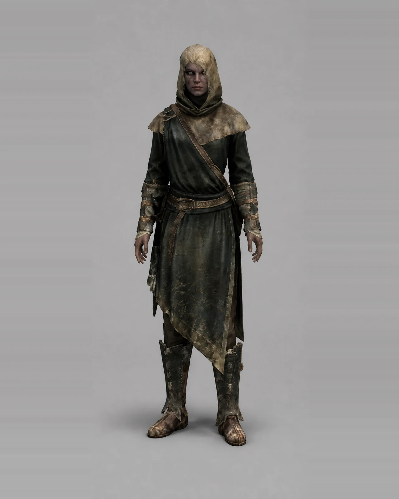 A Breton Vigilant wearing novice robes and a hood with practical armored gauntlets and boots